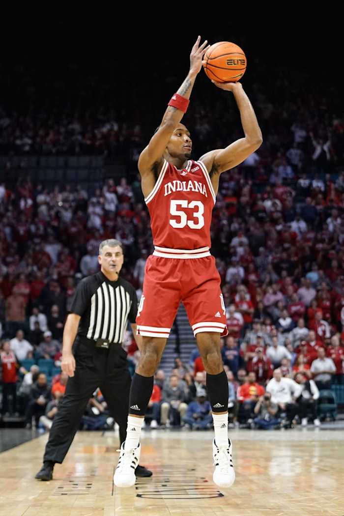 Indiana Hoosiers guard Tamar Bates (53) shoots the ball against the Arizona Wildcats during the second half at MGM Grand Garden Arena.